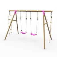 Plum Wooden Triple Swing Set with Rope and Ladder - Gibbon