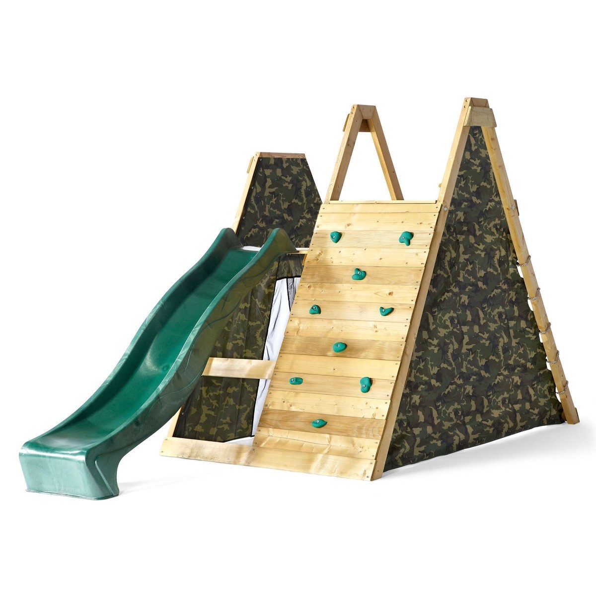 small wooden climbing frame with slide