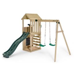 Wooden Lookout Tower Climbing Frame, Slide and Swing Set (Forest Green Edition)