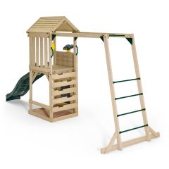 Wooden Lookout Tower Climbing Frame, Slide and Monkey Bars (Forest Green Edition)